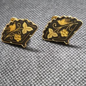 Damascene Black and Gold Fan-Shaped Earrings Vintage